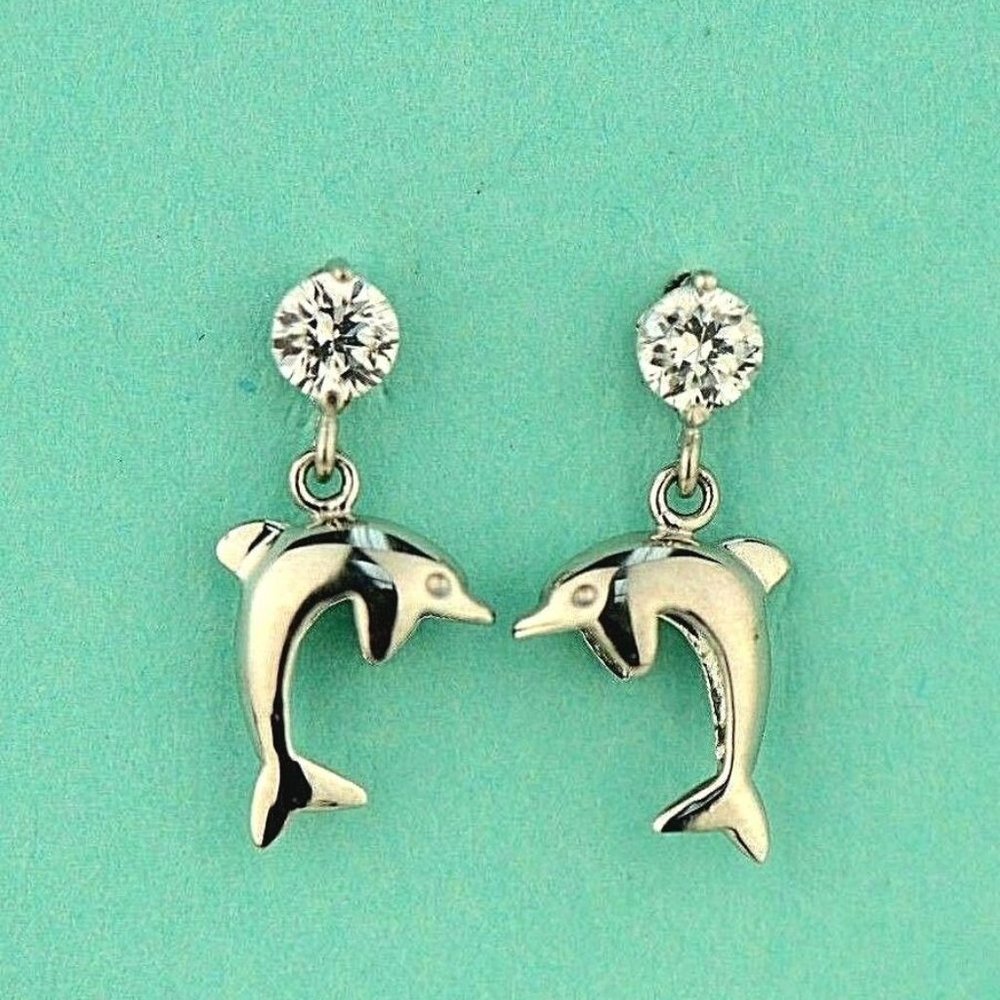 14k Solid Gold Dolphin Screw Back Stud Earring Wi… - image 3